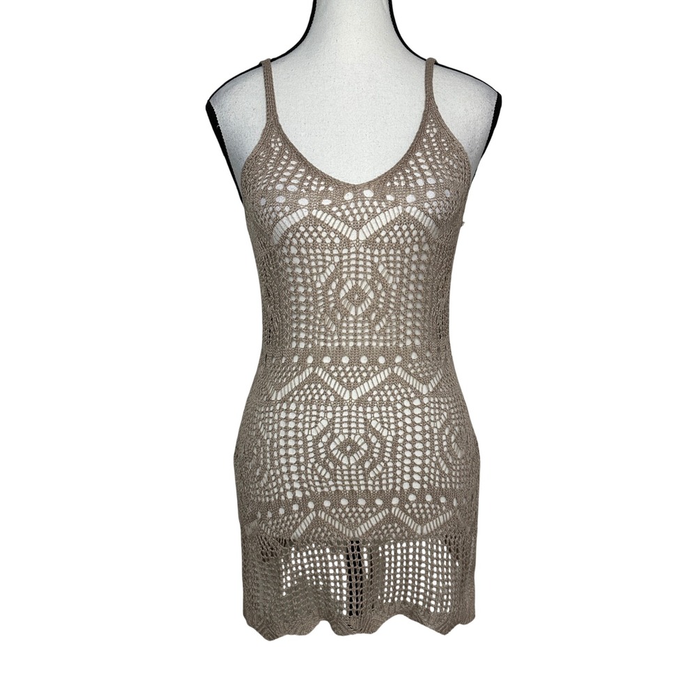 Boho Crochet Tank Mini Dress Tunic Sheer Open Knit Festival Cover Up Coastal‎ XS